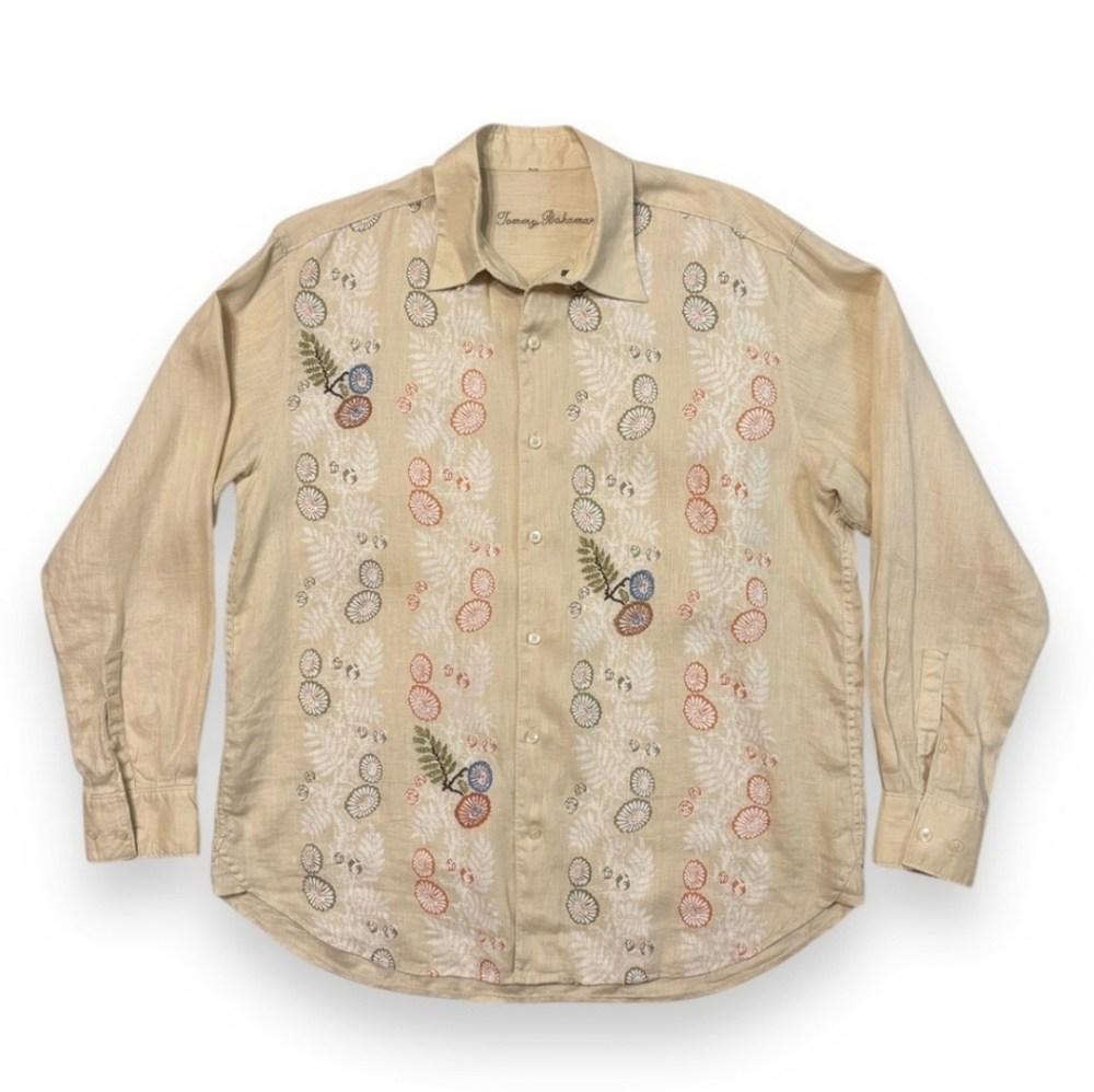 TOMMY BAHAMA Light Yellow Linen Shirt Floral Embroidery and Printed Graphics